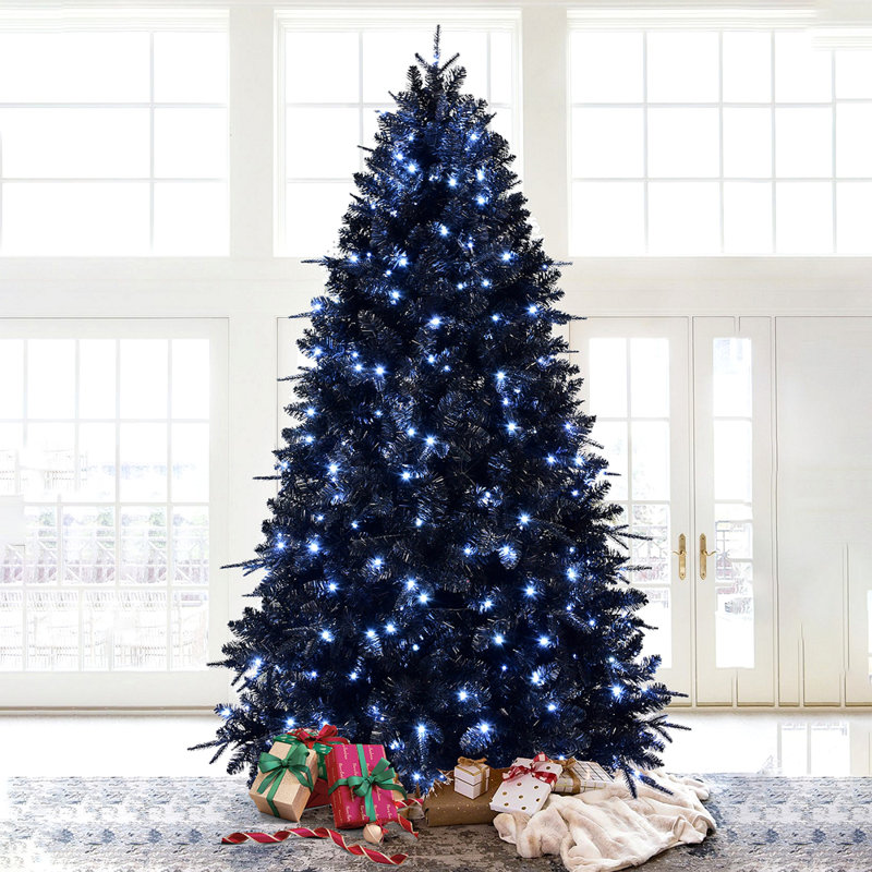 Arbre de Noël noir de 7 pi avec 450 lumières DEL blanches, arbre artificiel en PE + PVC à 1916 pointes pour décoration d'Halloween et des Fêtes, structure à charnières avec support en métal stable