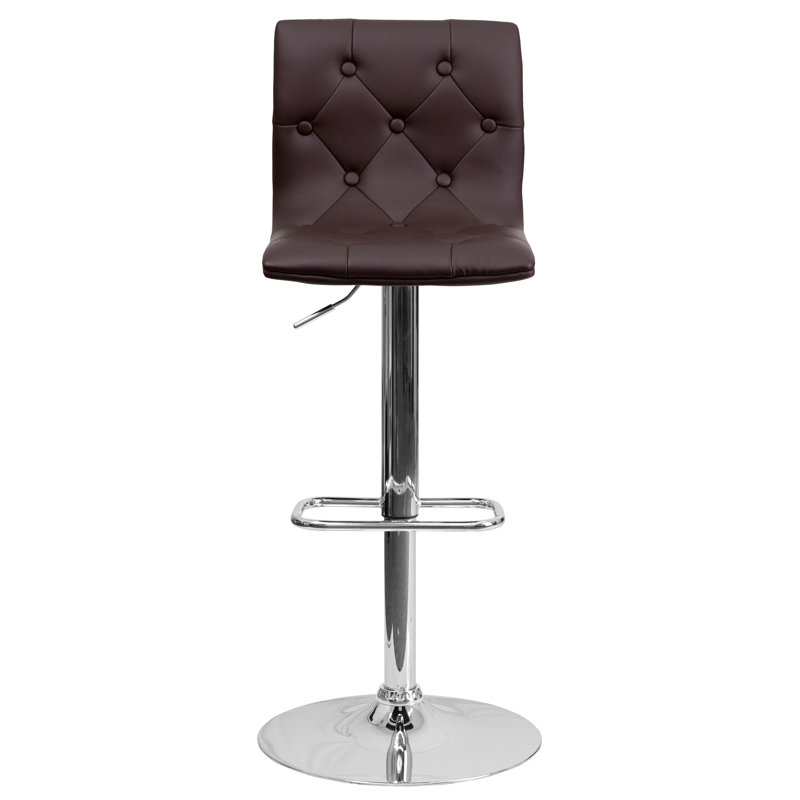 Saffo Contemporary Button Tufted Vinyl Adjustable Height Barstool with Chrome Base, Brown