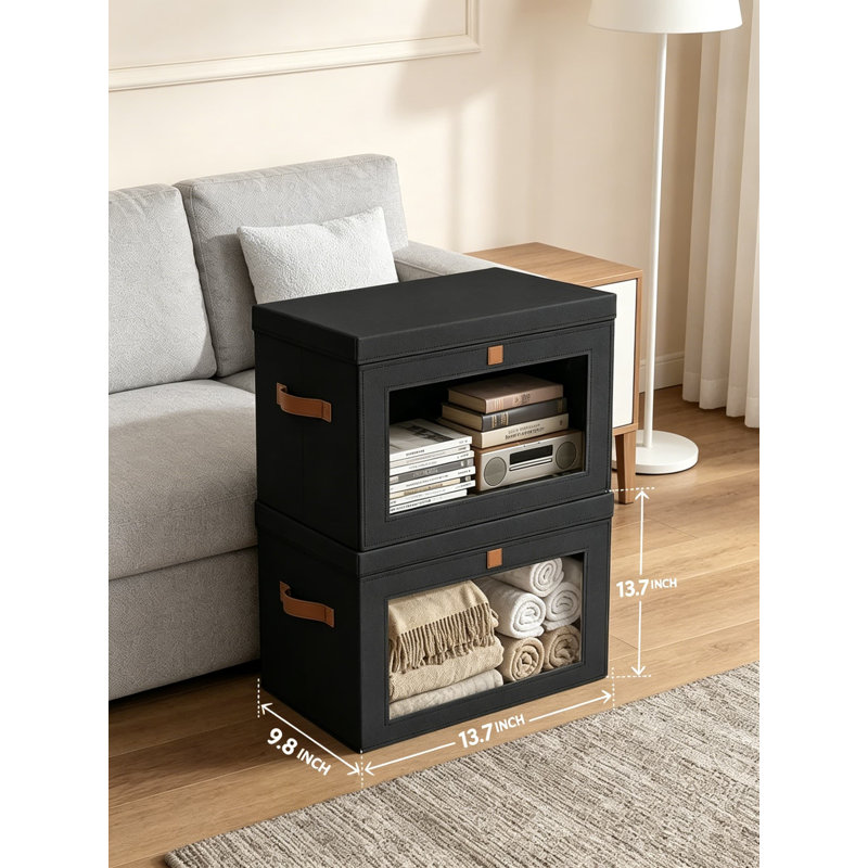 Medium Fabric Storage Bins with Open Window, 2 Pack Closet Shelf Organizer, Stackable Decorative Boxes for Home and Dorm, 13.7 x 9.8 x 9.8 Inches, Black