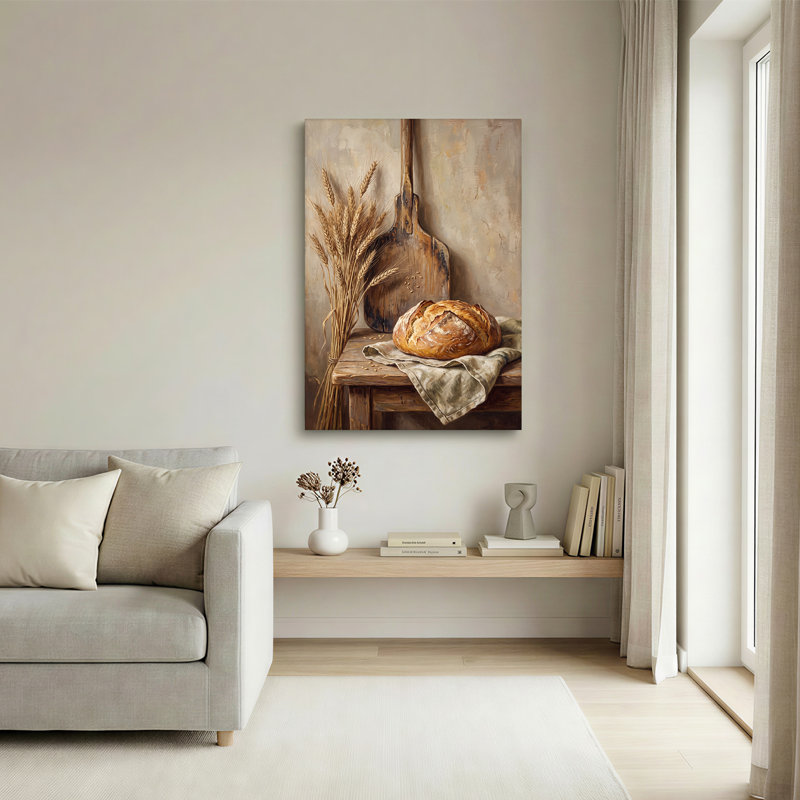 Tableau sur toile représentant un pain rustique et des épis de blé sur une table en bois, H 24 po x l 16 po