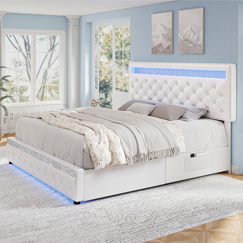 LED Bed Frame with 2 Storage Drawers and Adjustable Headboard, Diamond Button Tufted Bedframe, White, Queen