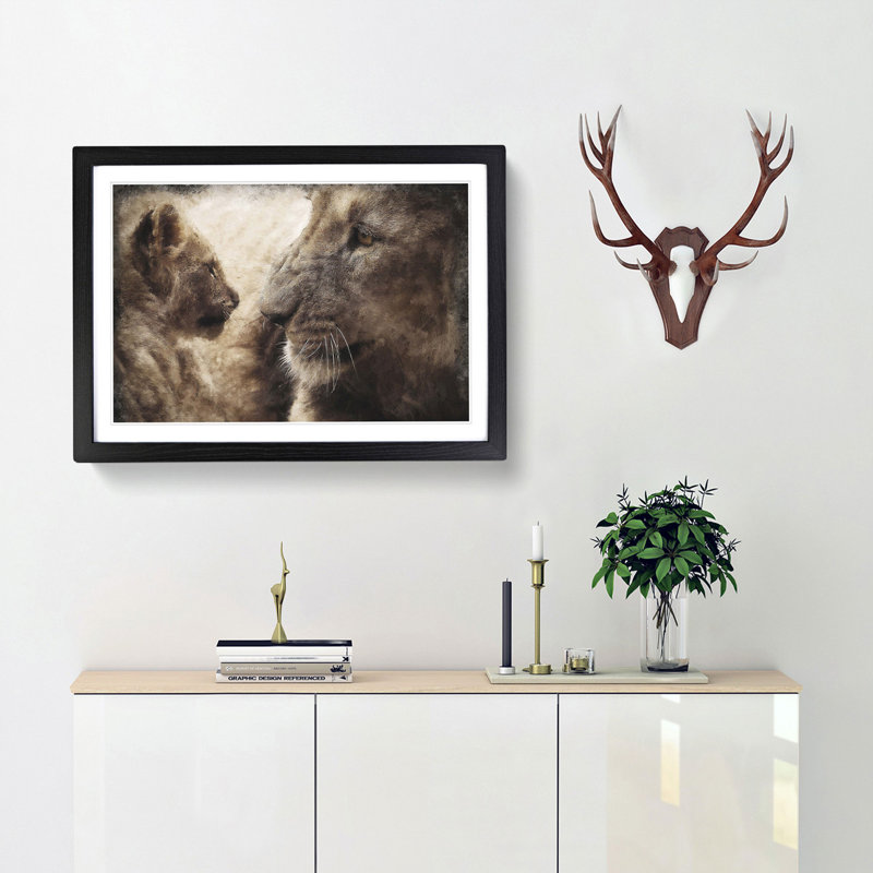 Lion Cub with Its Mother - Picture Frame Painting Print, Black Framed, 62cm H x 87cm W x 2cm D