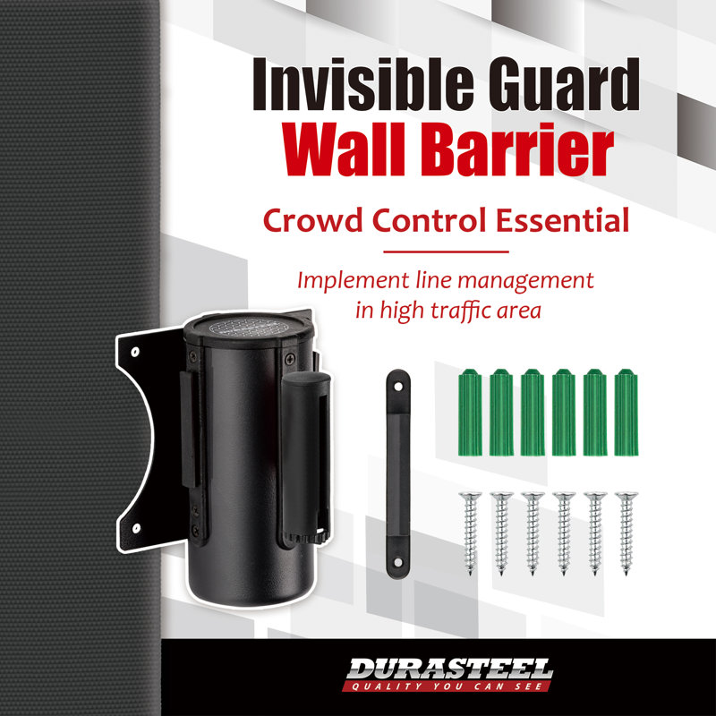 Retractable Wall Mount Caution Belt - 9.2 Ft. Black Belt