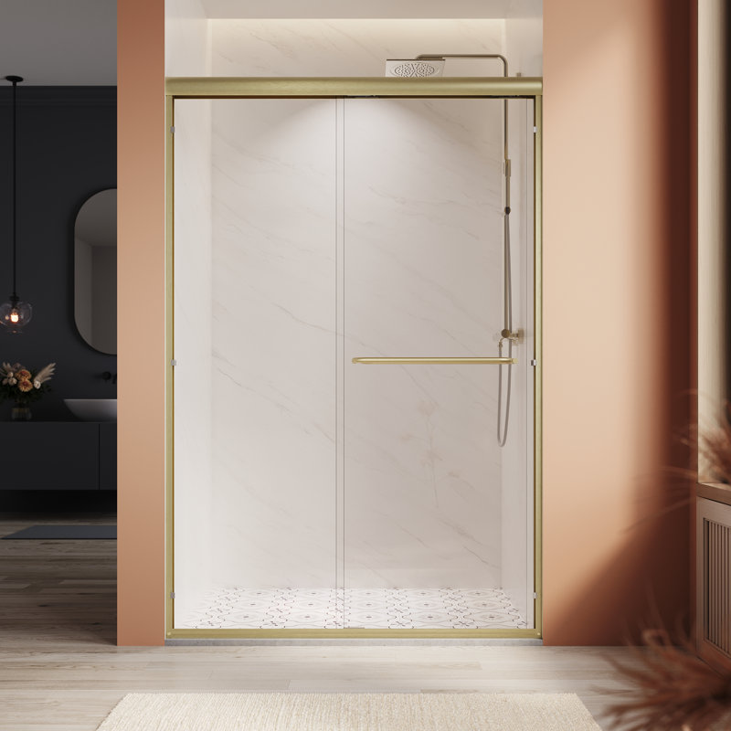 45"-48" W X 72" H Dual Handle Semi-Frameless Bypass Tempered Glass Shower Door In Satin Brass, Satin Brass