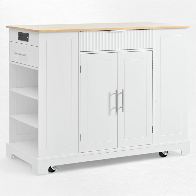 Kitchen Island With Trash Can, Rolling Kitchen Island With Power Outle Rolling Kitchen Islands Cart On 5 Wheels With 3 Drawer, 3 Open Side Racks For 10 Gallon Garbage Bin