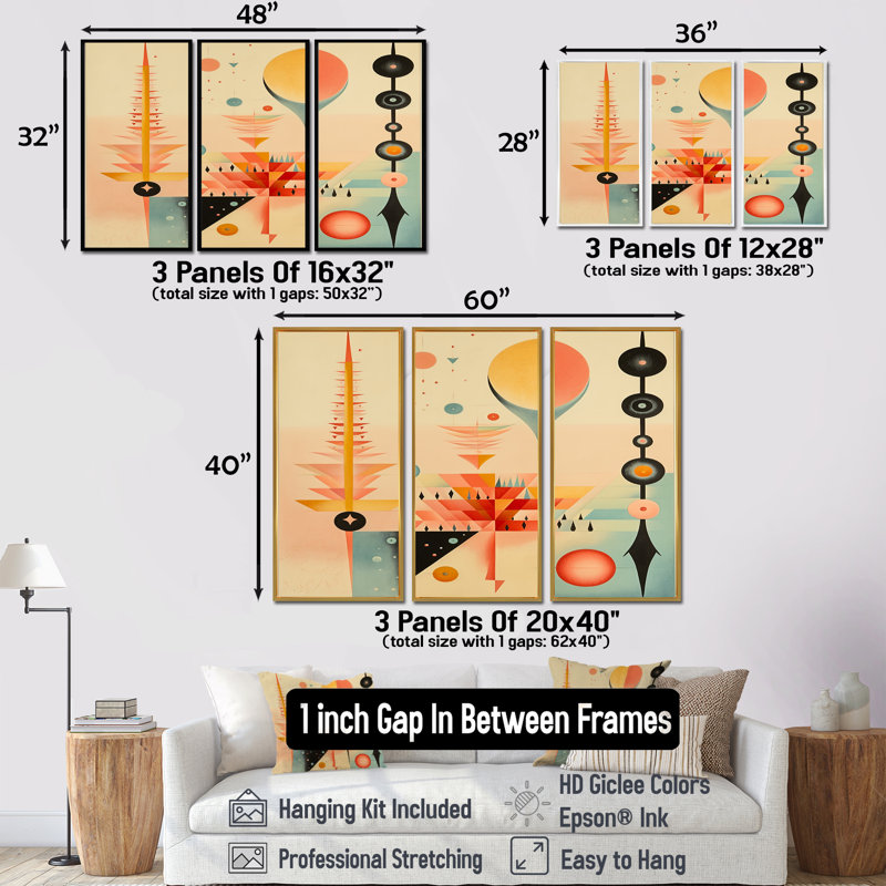 Brette - ensemble de reproductions d'art mural géométrique, H 28 po x l 36 po x P 1 po, Cadre flottant noir