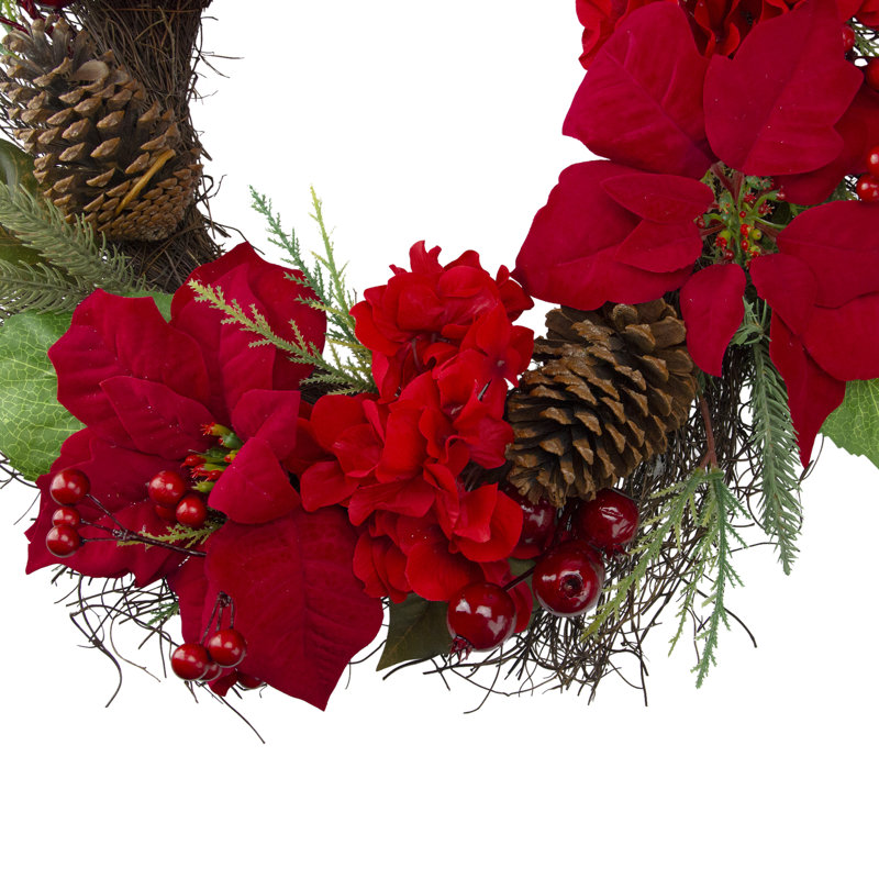 24-Inch Red Poinsettia and Hydrangea Artificial Christmas Wreath