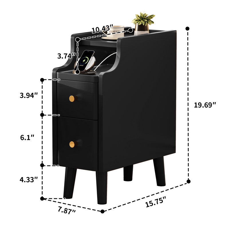 Narrow Nightstand with Drawers, 7.9" Solid Wood Side Table for Small Spaces, Small Bedside Table for Bedroom with Pull-Out Tray, Black