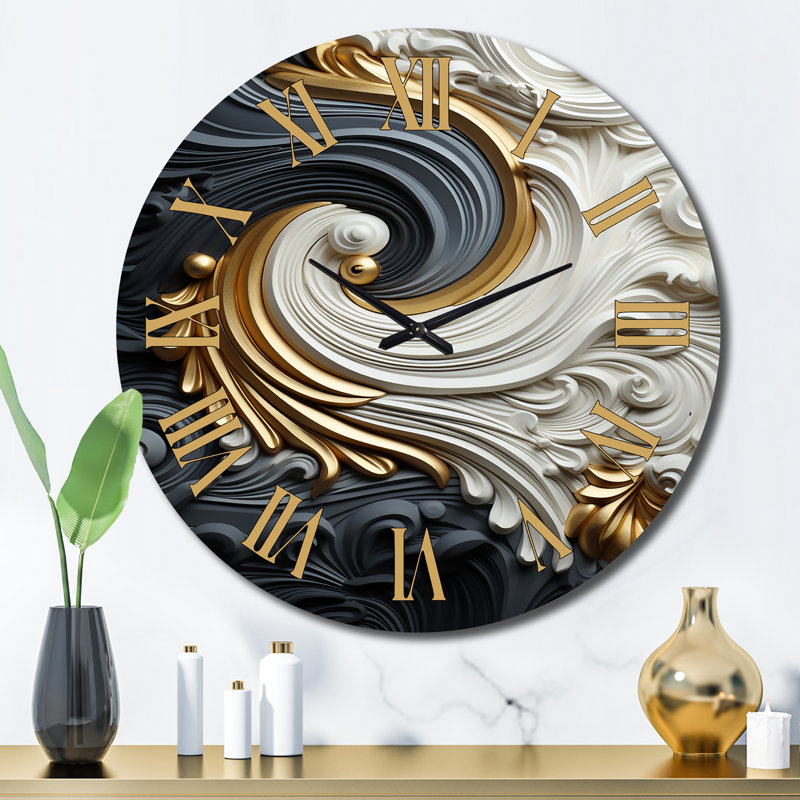 White Gold And Black Ornamental Liquid Spiral Metal Wall Clock, Large