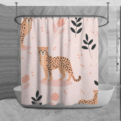 Rideau de douche guépard, décor de salle de bain, rose, orange