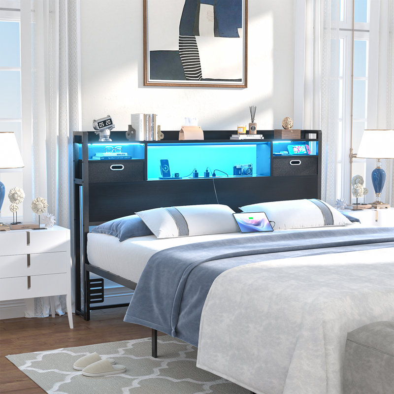 45.3" H Metal Storage Headboards With Cloth Darwers, Outlets,USB Ports And LED Lights, King, Black
