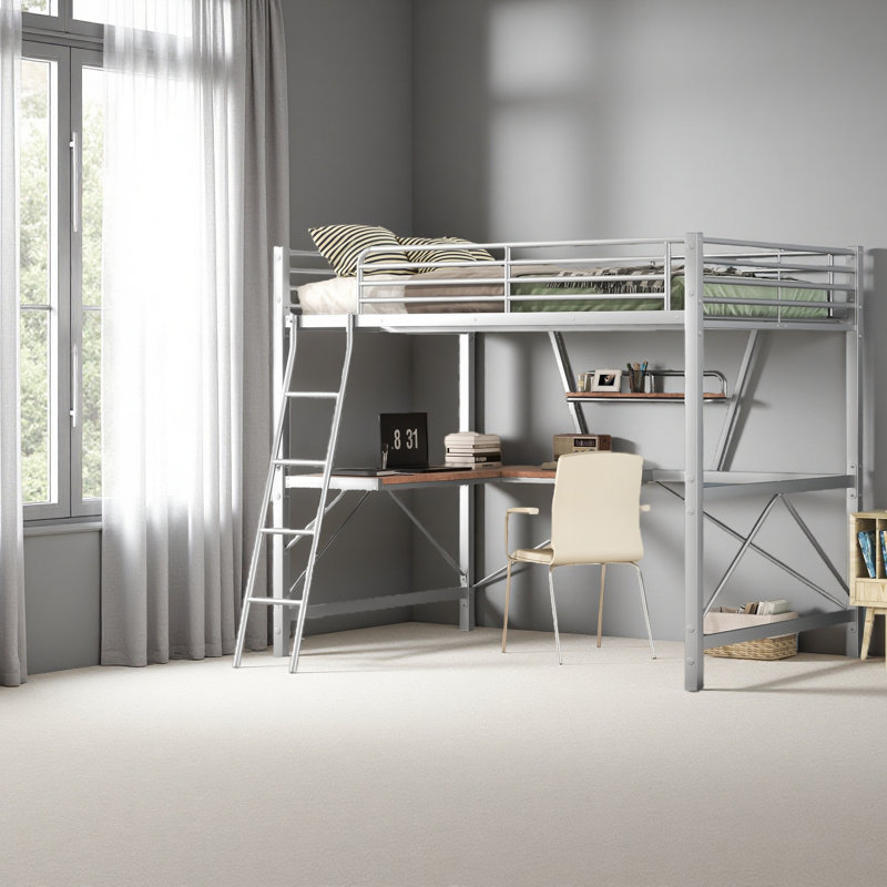 Lit mezzanine double en métal avec bureau et tablette, Argent argent