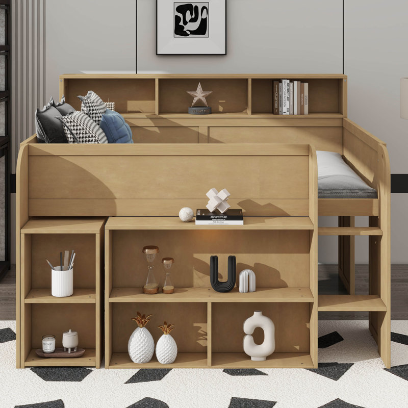 Lit mezzanine double en bois équipé de nombreuses tablettes de rangement, d'un bureau et d'un éclairage à DEL, Noyer