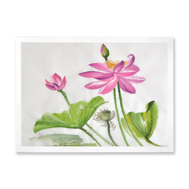 Deux fleurs de lotus roses - Peinture sur toile, H 24 po x l 32 po x P 1 po, Cadre blanc