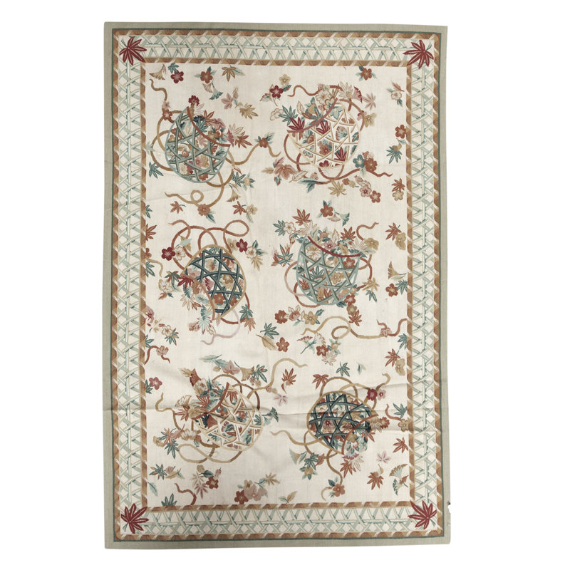 Tapis ivoire et beige noué à la main de haute qualité, Rectangle 5 pi 11 po x 9 pi