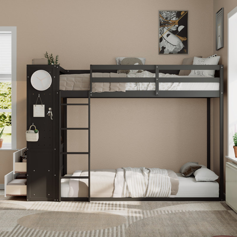Lit superposé simple au-dessus de simple avec 4 tiroirs de rangement, garde-robe intégrée, rail suspendu, bande lumineuse à DEL, tablettes et panneau perforé, noir