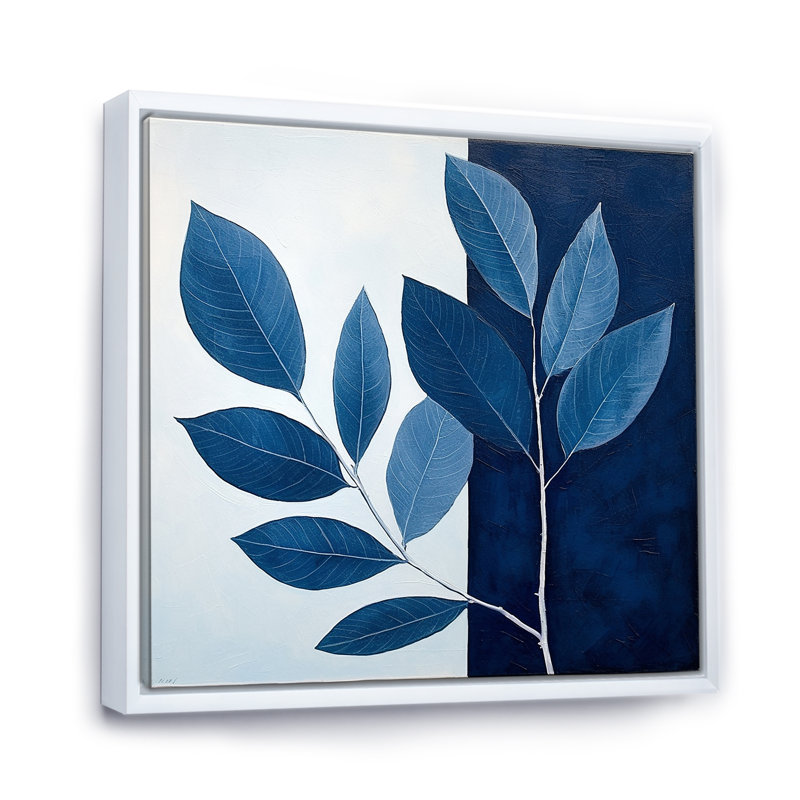 Blue Indigo Leaves Harmony I, Cadre flottant blanc, H 36 po x l 36 po