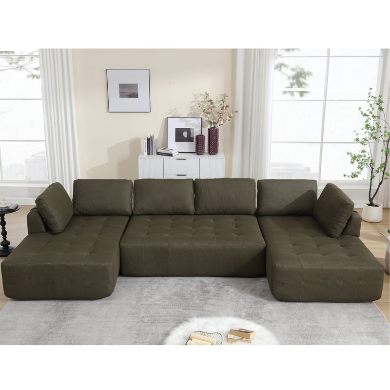 [VIDÉO FOURNIE] Canapé combiné modulaire de 138,5 po, canapé en forme de U, salon, appartement, rembourré, canapé 6 places, canapé combiné gratuit (tissu maillé), tissu respirant, vert