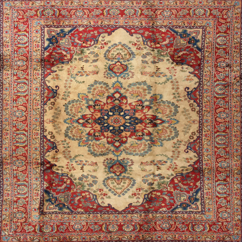 Tapis traditionnel rouge / crème Gaugain, Carré 5 pi