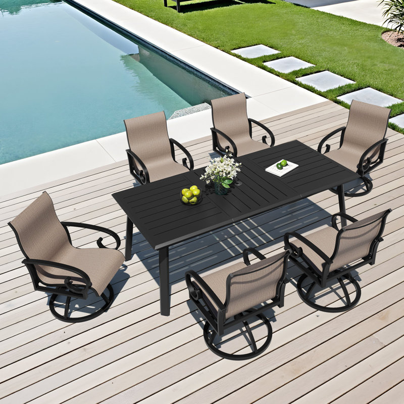 Patio Dining Set with  Aluminum Dining Table and Sunbrella Swivel Rocking Dining Chairs (Set of 7), 6, Augustine Ashes