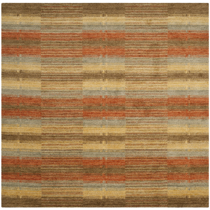 Tapis brun / orange / jaune en laine tissé à plat à la main Frann, Carré 6 pi