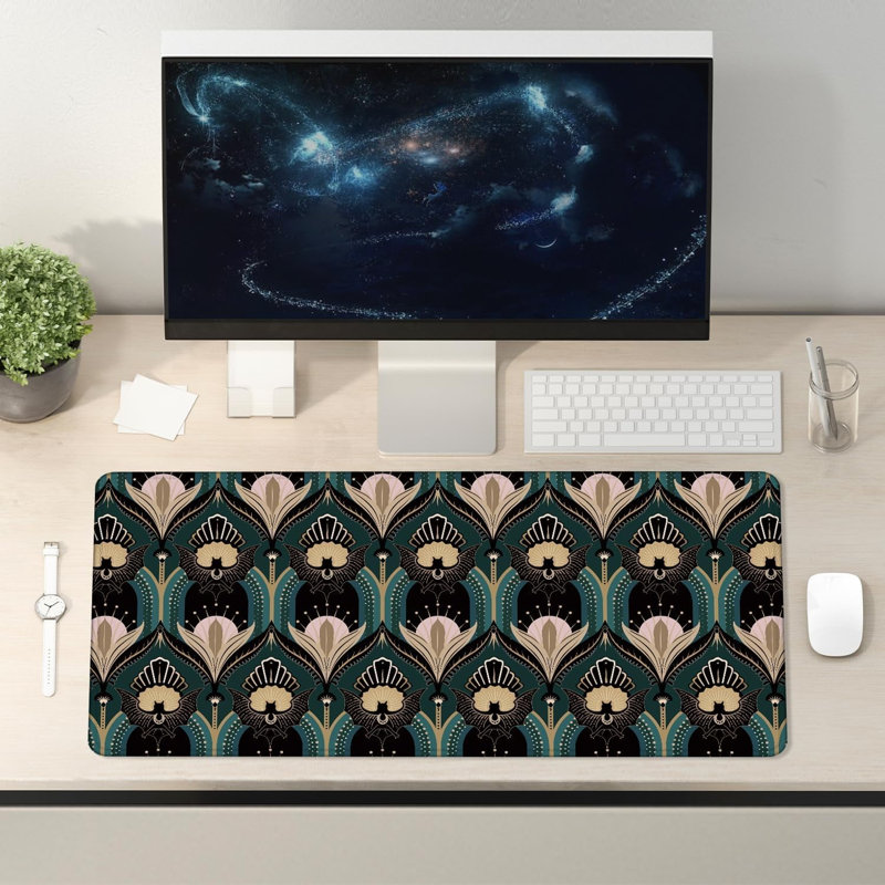 Tapis de souris Art Deco Floral 31,5 x 15,7 pouces, années 1920, chauves-souris et fleurs de style gothique minimaliste pour ordinateurs sans fil, accessoires de bureau d'ordinateur portable, fournitures de bureau gothiques