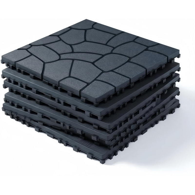 12 tuiles de terrasse emboîtables en plastique de 12 po x 12 po, paquet de 44 de gravier simulé, revêtement de sol extérieur imperméable toutes saisons, carrelage de patio antidérapant pour porche, balcon de cour arrière, gris foncé