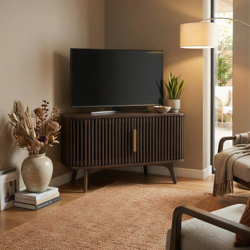 Klever Wooden Corner TV Stand Mid Century 2 Door Media Console Cabinet with Adjustable Shelves for Living Room