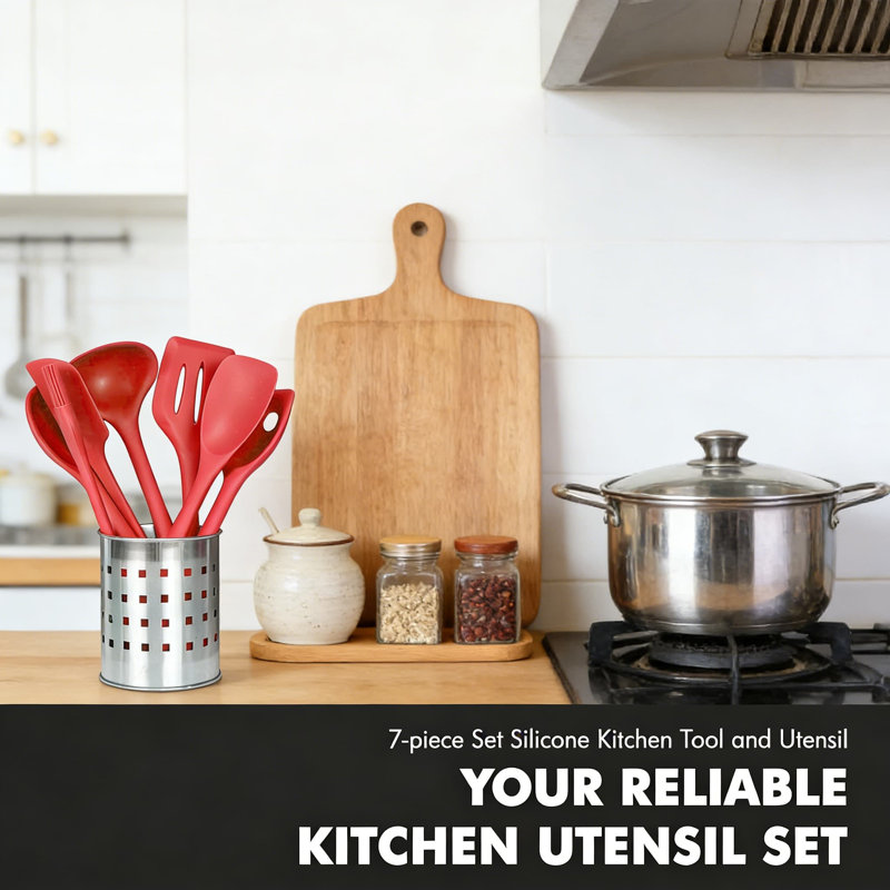 Ensemble d'ustensiles de cuisine 7 pièces en silicone avec noyau en acier inoxydable - Outils résistants à la chaleur et anti-rayures pour batterie de cuisine antiadhésive