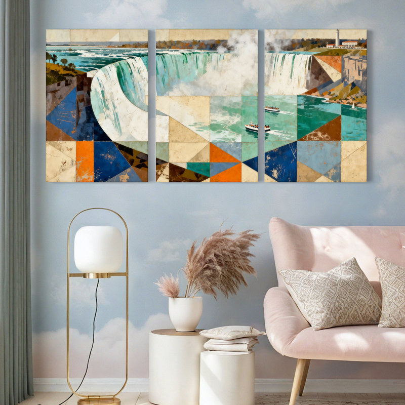 Niagara Falls Geometric Abstract Canvas Wrapped Wall Art, Oil Painting Print (Set of 3), 18" H x 36" W