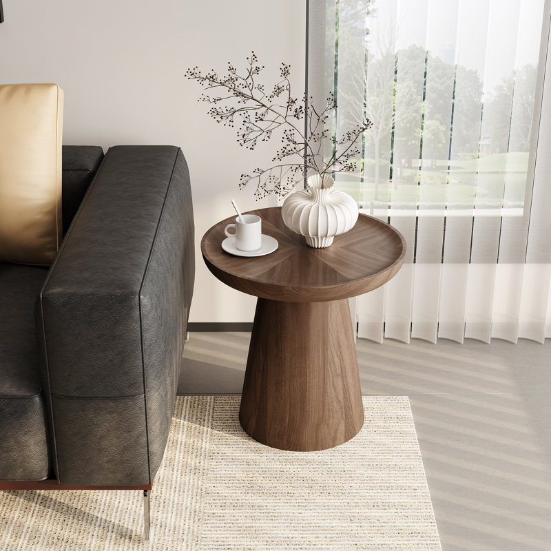 19.69'' Rustic Walnut Round End Table With Thick Conical Base, No Assembly Needed, Walnut