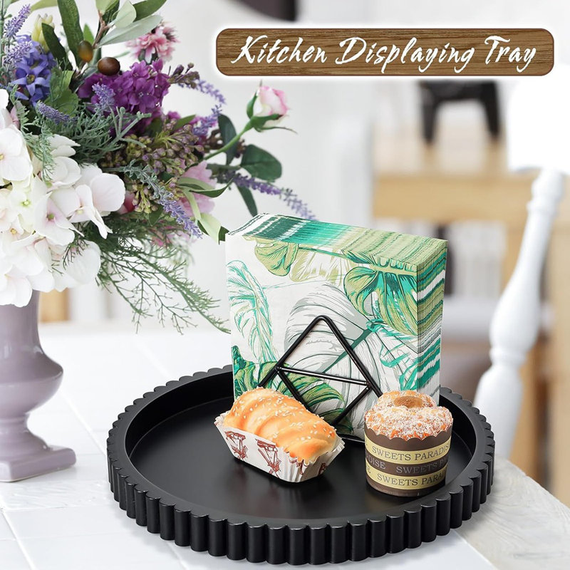 Handmade Decorative Wooden Tray, Round Tray For Coffee Table, Kitchen, Living Room, And Home Decor, Black, 1.2"Wx12"Dx12"H