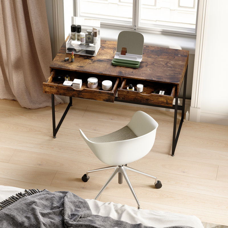 Alaina 43.31" W 2-Drawer Writing Desk with Stainless Steel Frame, Brown/Black