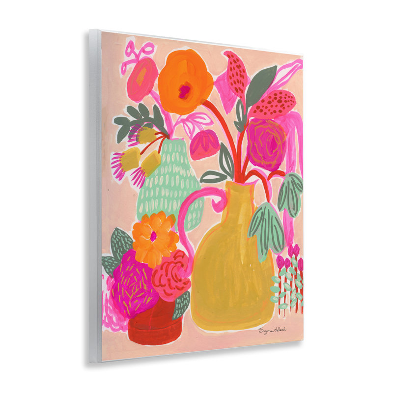 Plaque murale bouquet rose vif et jaune, design par Suzanne Allard