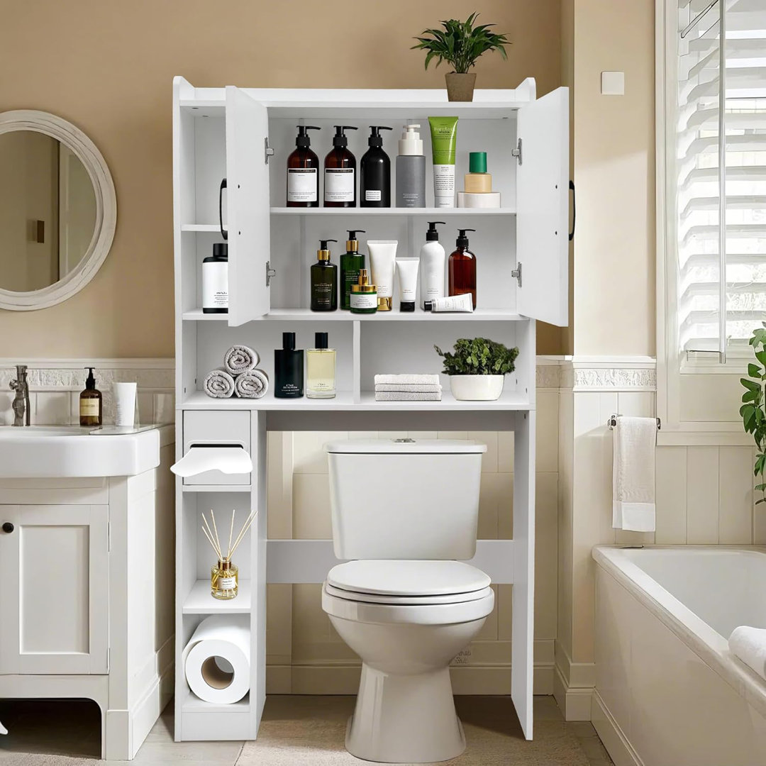 Over The Toilet Storage Cabinet, Space Saving Bathroom Organizer With Toilet Paper Holder, 2 Barn Doors, Storage Shelves, Waterproof Wooden Toilet Rac