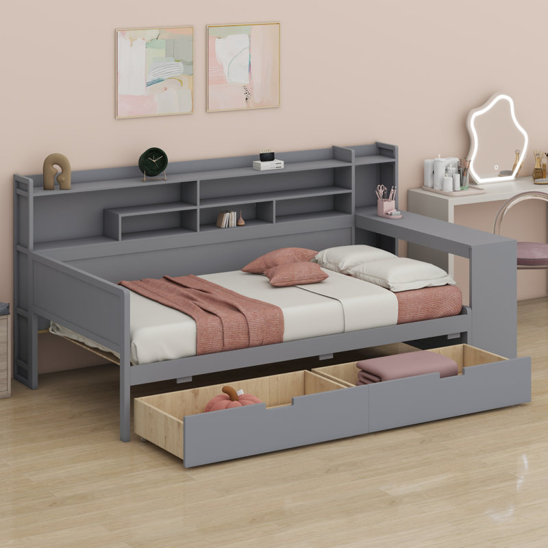Lit de jour en bois avec tablettes de rangement, lit multifonctionnel avec deux tiroirs de rangement et bureau d'étude, Gris