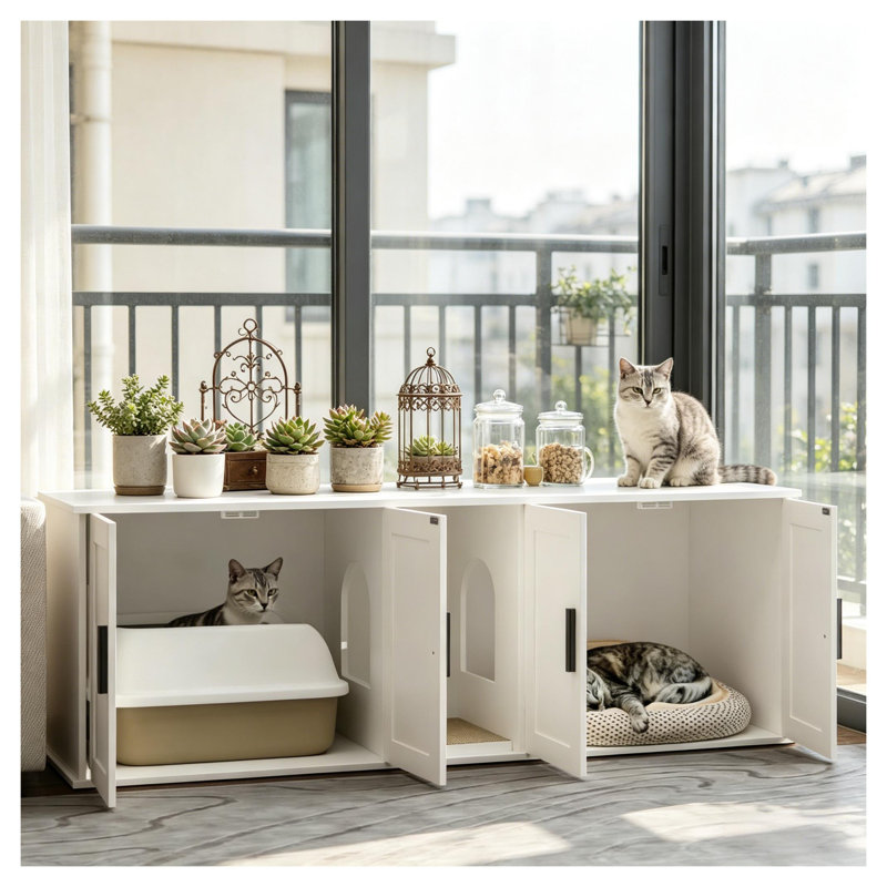 Meuble pour bac à litière multifonctionnel avec rangement en MDF blanc