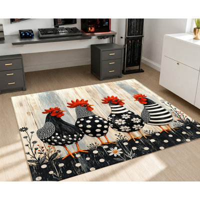 Tapis de style champêtre lavable à la machine avec envers antidérapant, motif coq noir et blanc, décoration intérieure chaleureuse pour salon, chambre, entrée, cuisine, balcon, appartement