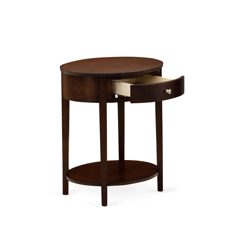 Ensemble de chambre avec lit plateforme 2 pièces avec cadre de lit double capitonné et table de bout en acajou antique - similicuir brun foncé avec texture noire et pieds noirs
