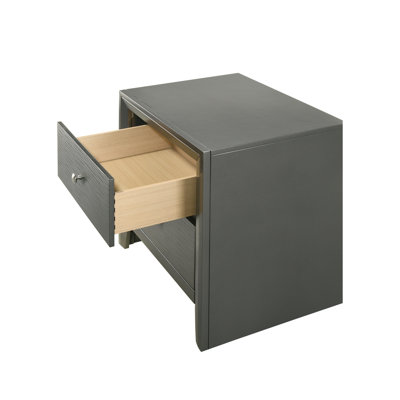 Modern Bedroom Nightstand, Two Drawers, Round , Metal Gray Finish, Wooden Nightstand Contemporary Style, 2 Handles, Decor