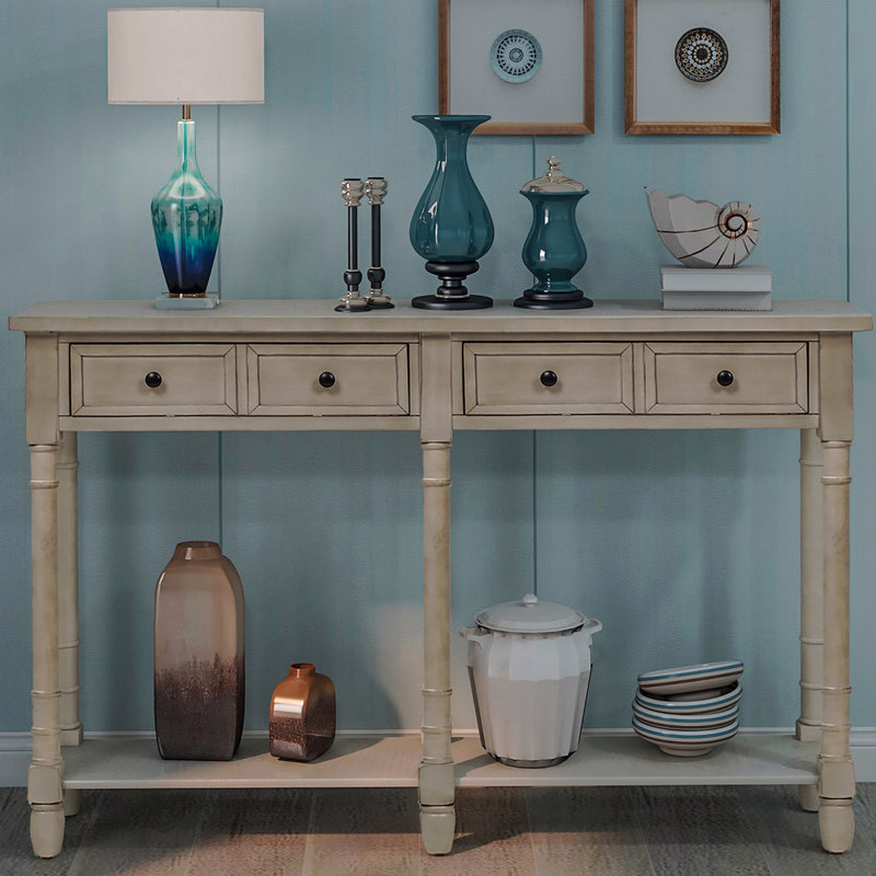 Sofa Console Table, Easy Assembly With Two Storage Drawers And Bottom Shelf For Living Room, Entryway, Grey