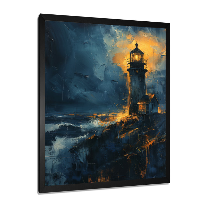 Décoration murale phare noir et bleu clair d'hiver, H 16 po x l 32 po, Cadre simple noir