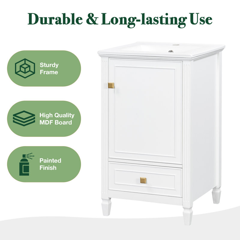 Meuble-lavabo simple autoportant blanc de 20 po avec lavabo et rangement en céramique