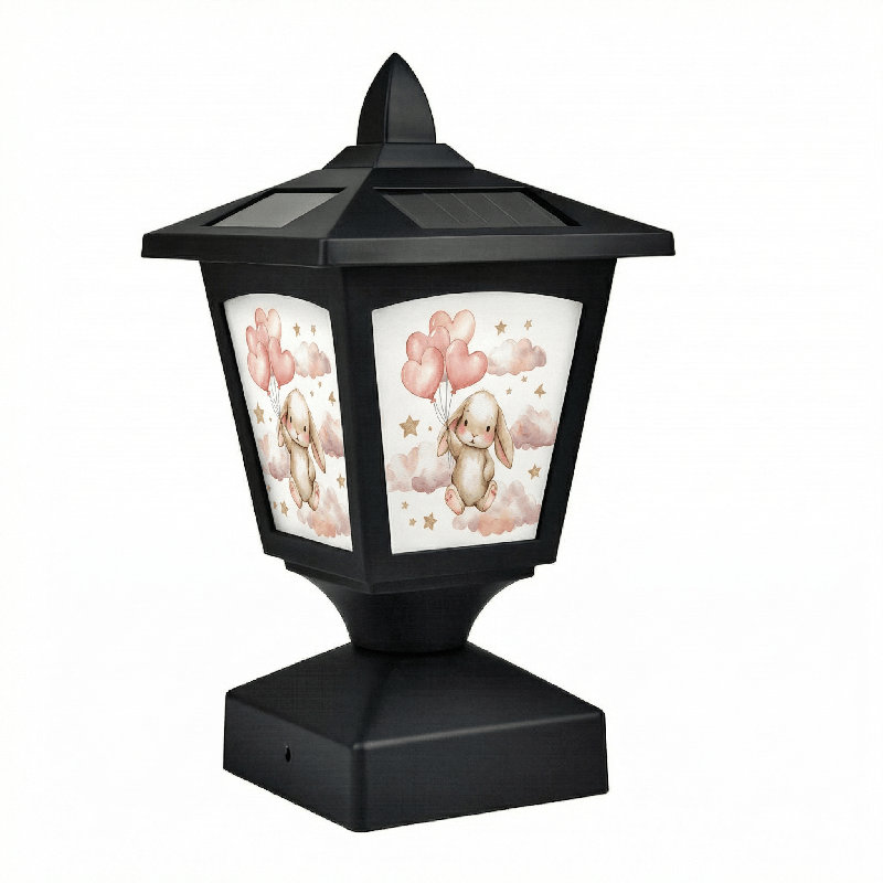 Lampadaire solaire pour poteau d'extérieur, convient aux poteaux en bois 4 x 4, 5 x 5 et 6 x 6, poteau de clôture à DEL imperméable pour la terrasse, décoration de jardin, panneau amovible (noir, paquet de 1) (lapin mignon)