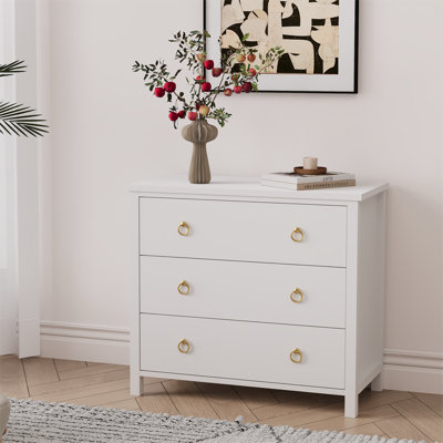 Commode 3 tiroirs moderne noire pour commode de chambre à coucher avec poignées dorées - Armoire de rangement spacieuse 29 po pour garde-robe, salon, couloir ou chambre de bébé - blanc