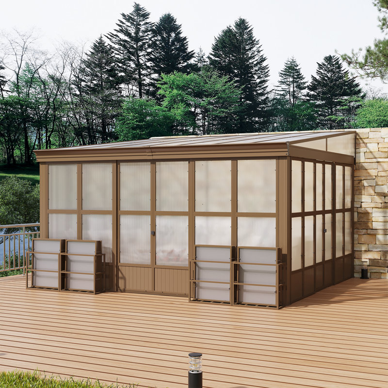 Lean-To Sunroom , Wall Mounted Solarium With Sloping Polycarbonate Roof, Detachable Polycarbonate Screens, 2 Lockable Sliding Doors, Aluminum Gazebo Against Wall Sun Room For Patio Deck
