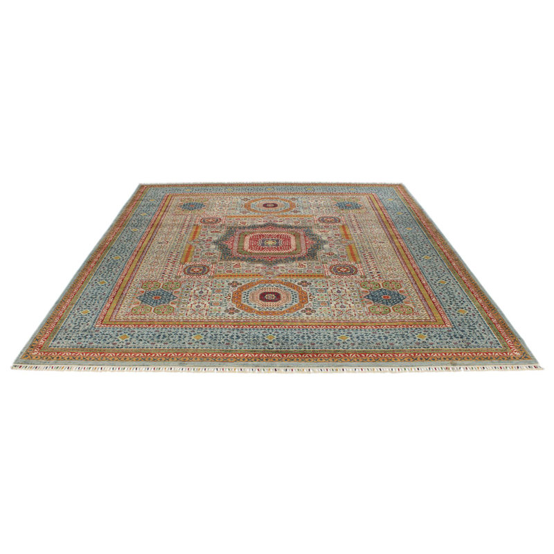 Tapis tribal turc 8 x 10 gris et bleu clair