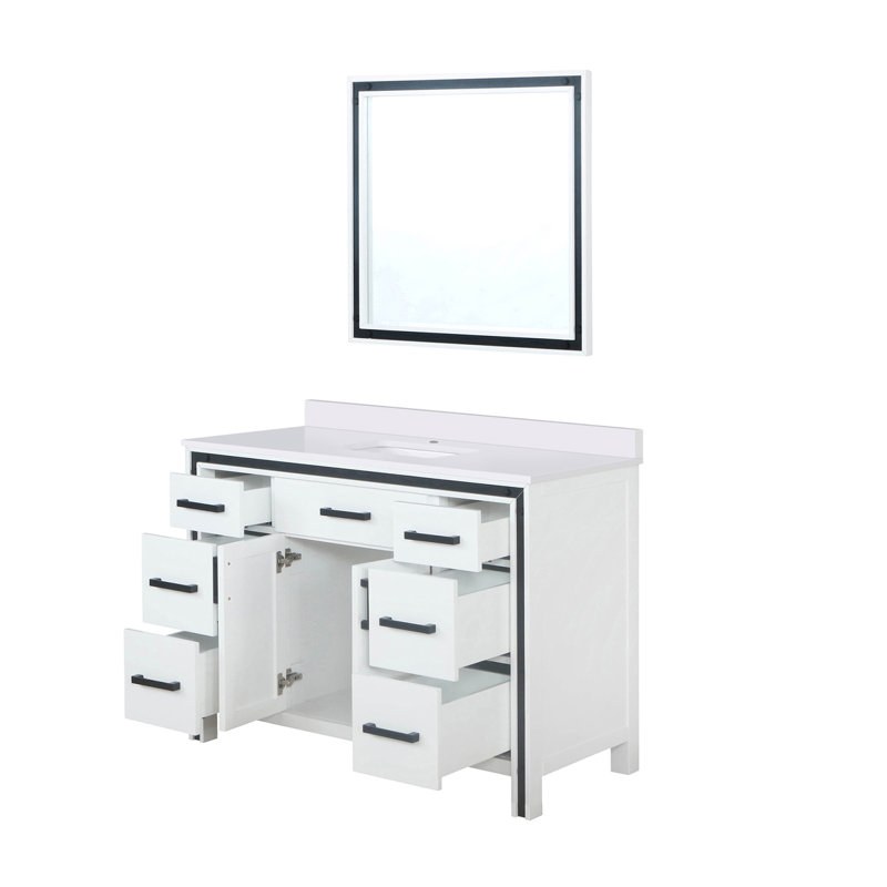 Dark Grey Bath Vanity 48 in. W x 22 in. D, White Quartz Top and 34 in. Mirror, White