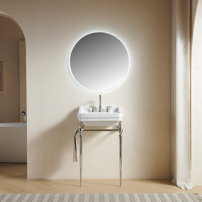 Vici 23" Bathroom Console Sink, Wall-Mounted White Ceramic Vanity Basin With 3 Pre-Drilled Faucet Holes, Freestanding Stainless Steel Support Legs With Towel Bar, No Faucet & Sink Cover, Chrome Color