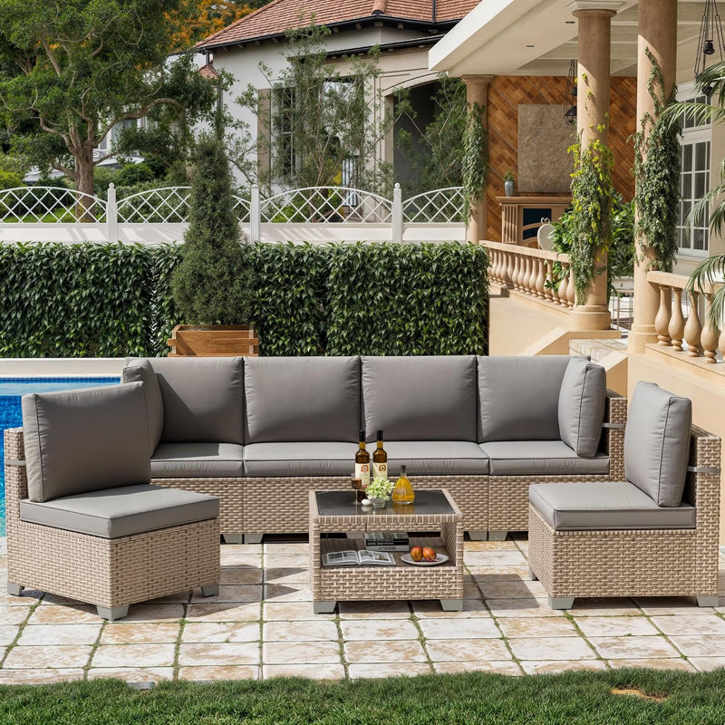Ensemble de conversation d'extérieur, ensemble de jardin en résine tressée 6 personnes, groupe de sièges modulaire avec coussins, mobilier de jardin, mobilier d'extérieur et de terrasse avec tables de patio, gris